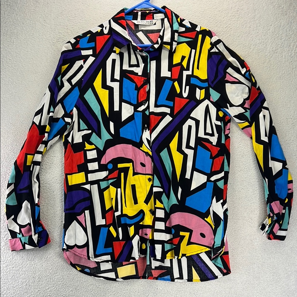 Big Dart Shirt Womens EU 48 Geometric Art Blouse 80s Retro Button Up Abstract